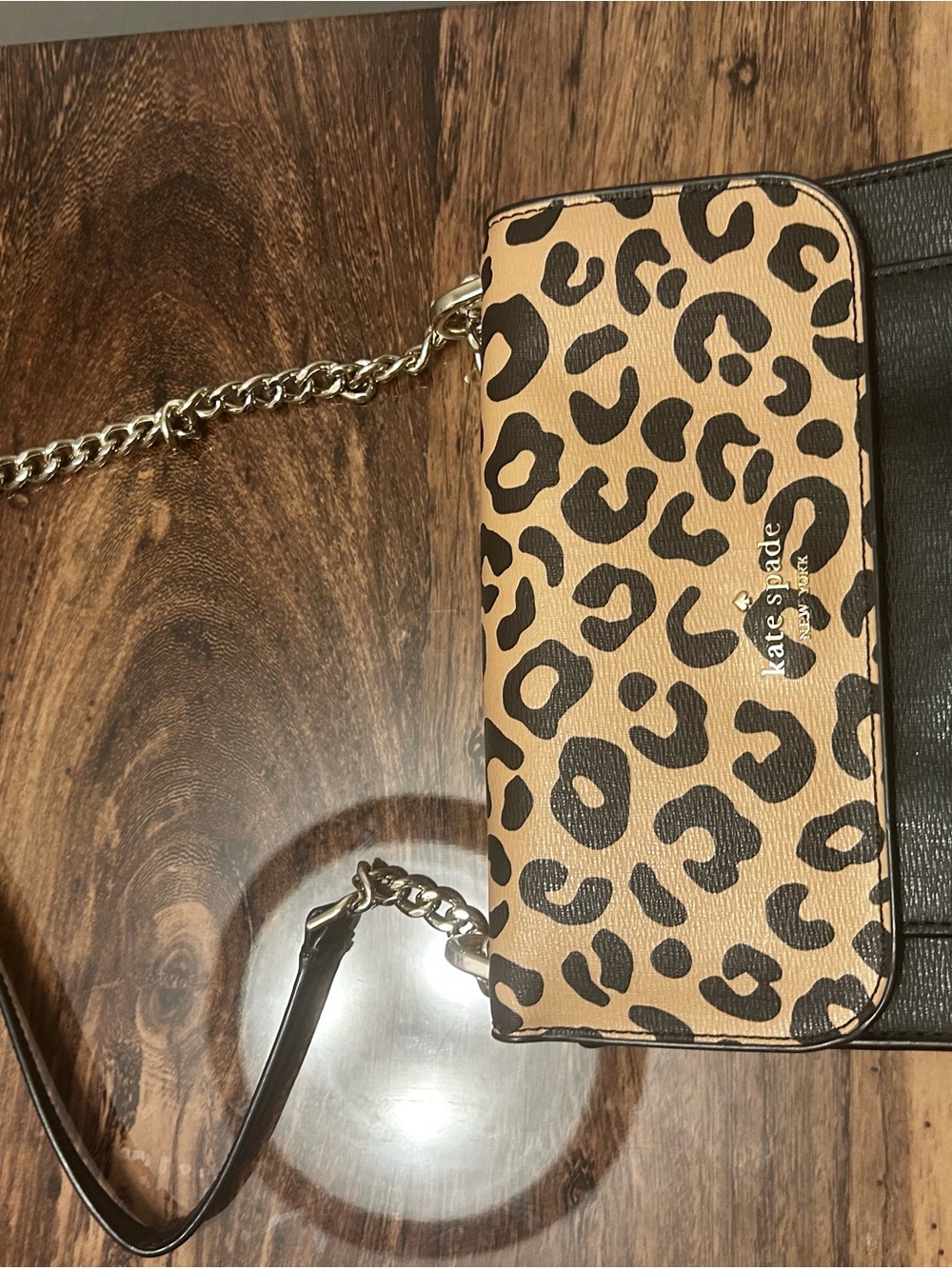 kate spade Leopard-Print Shoulder Bag in Tan and Black with Gold Chain